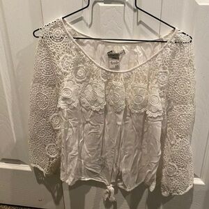 Size XS white Lace and light weight fabric tie front top
